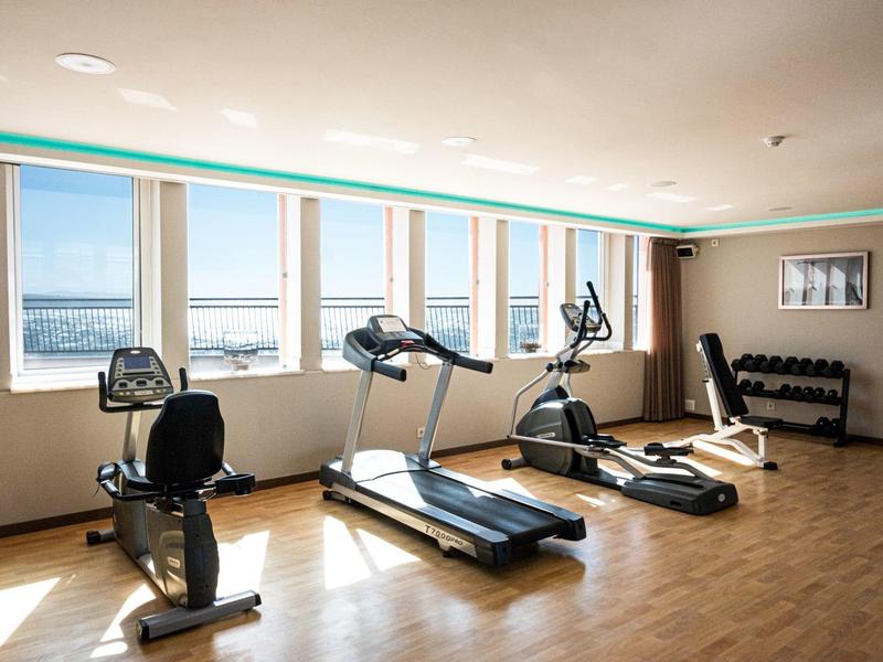 Světelná posilovna s běžeckým pásem, rotopedem a činkami, výhled ven.