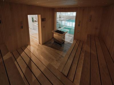 Wnętrze drewnianej sauny z widokiem na strefę basenową.