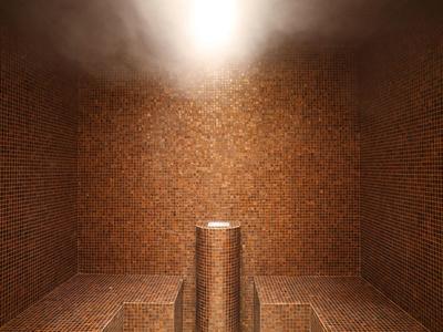 Steam room with brown mosaic tiles and central seating pedestal under bright light