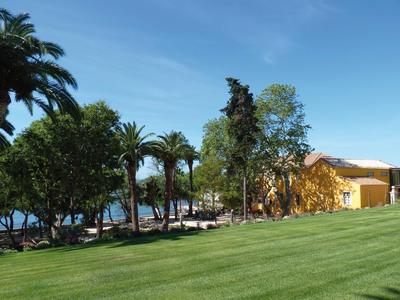 Zelený trávník s palmami a žlutým domem u moře pod modrou oblohou.