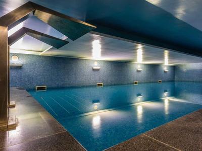 Piscina interior moderna con paredes azules y ducha de acero inoxidable en el área de bienestar de un hotel.