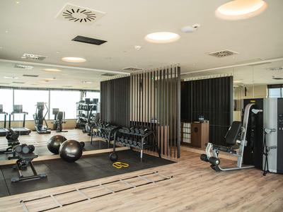 Palestra moderna con pavimento in legno, manubri, attrezzi per allenamento e grandi finestre.