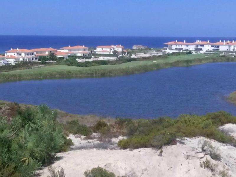 Costa con acqua, dune di sabbia e case sullo sfondo sotto un cielo sereno.