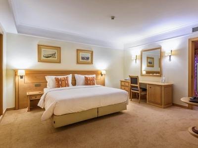 Camera d'hotel luminosa con letto matrimoniale grande, scrivania e sedie comode.