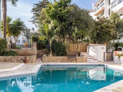 Piscina con acqua azzurra limpida circondata da alberi e edifici sullo sfondo.