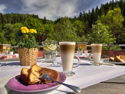 Tisch mit Kuchenteller, Latte Macchiato, Glas Wasser und Blumentopf vor Waldkulisse bei bewölktem Himmel.