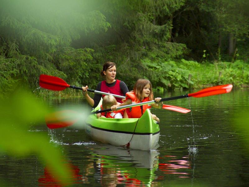 Zwei Personen paddeln im grünen Kanu auf ruhigem Wasser, umgeben von dichtem Wald.