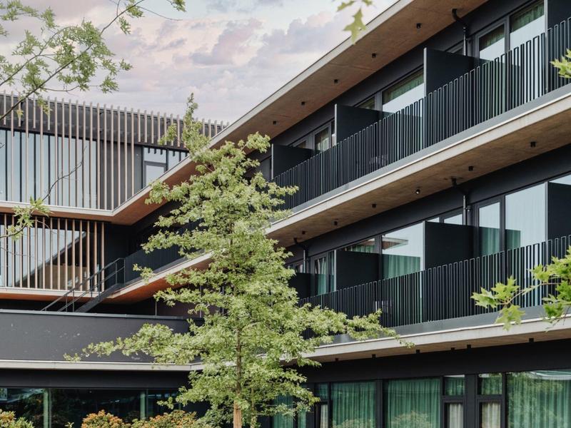 Modernes Gebäude mit Glasfassade, Balkonen und grünem Baum im Vordergrund.