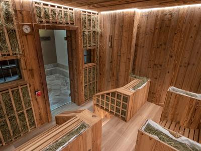 Holzsauna mit Bänken und warmem Licht, Türen und Wänden aus Holz gefertigt.