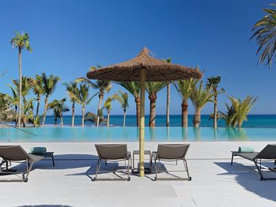 Area piscina con lettini e palme con vista sul mare e cielo azzurro.
