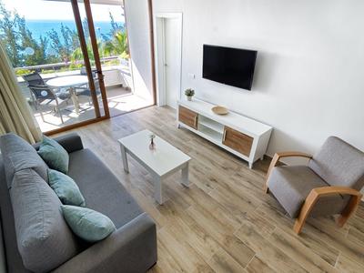 Modern living room with gray sofa, TV, and balcony view overlooking the sea.