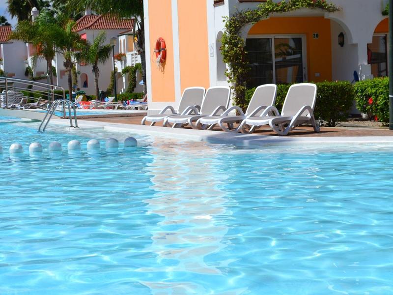 Agua clara en una piscina al aire libre con tumbonas blancas y palmeras al fondo.