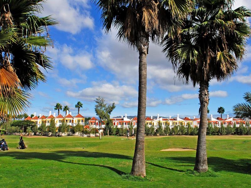 Gran jardín verde con palmeras frente a una larga fila de edificios de hotel bajo cielo azul.
