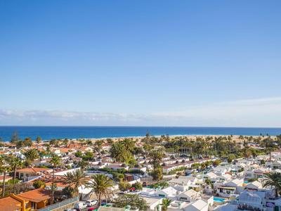Vista di una città costiera con case, palme e mare sotto un cielo azzurro e limpido.