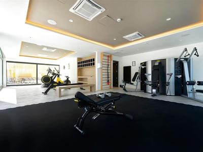 Heller Fitnessraum mit modernen Geräten und großen Fenstern mit Blick ins Freie.