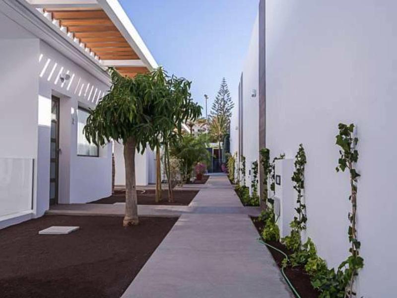 Modern walkway between white buildings with trees and plants along the side.