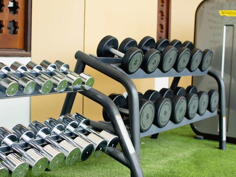 Trzy rzędy hantli na siłowni z zieloną sztuczną trawą na podłodze.