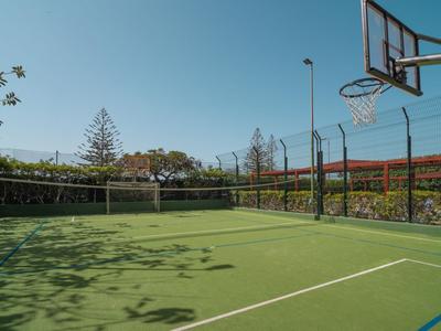 Freiluftsportplatz mit Basketballkorb und Volleyballnetz, umgeben von Zäunen und Bäumen unter blauem Himmel.