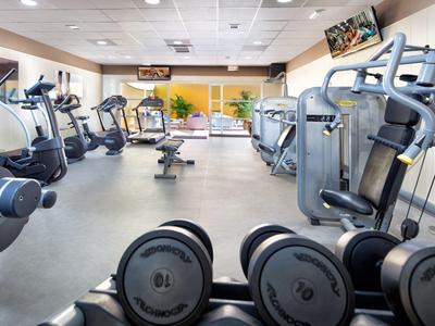 Heller, moderner Fitnessraum mit diversen Trainingsgeräten und Hanteln auf grauem Boden.