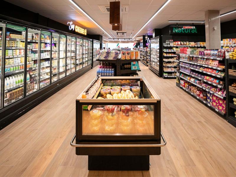 Wnętrze dobrze oświetlonego supermarketu z półkami pełnymi produktów i chłodzonymi sekcjami.