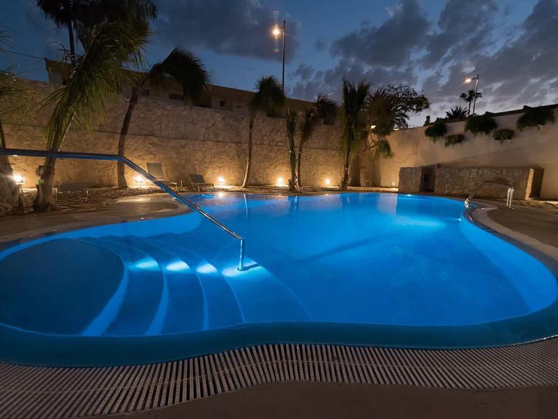 Illuminated swimming pool at night with palm trees and ambient lighting.