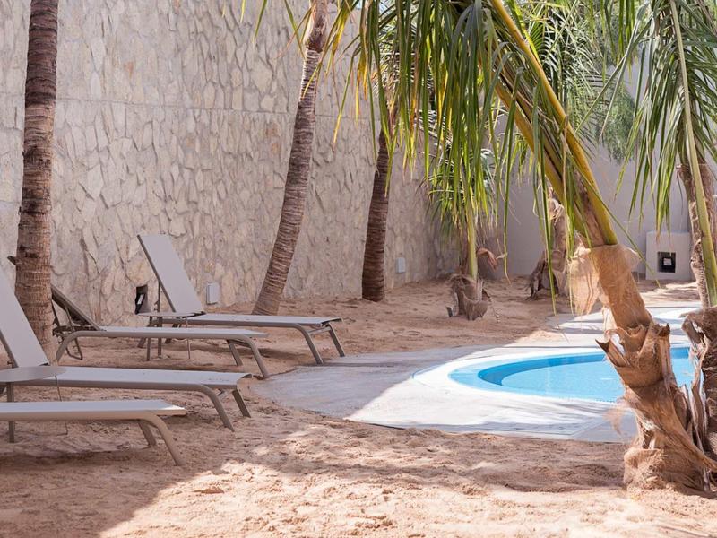 Lounge chairs beside a small pool by a stone wall with palm trees providing shade.