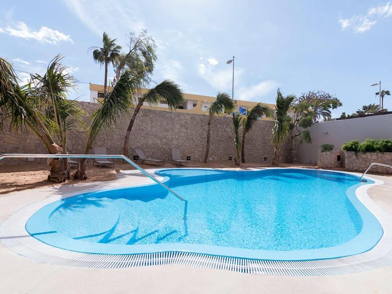 Round pool with clear water, surrounded by palm trees and sunny sky.