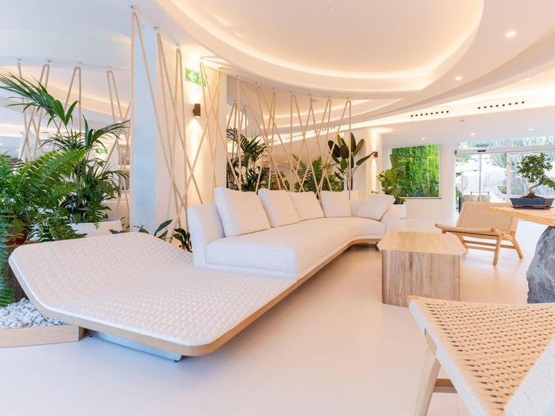 Lichte moderne lounge met witte hoekbank, houten stoelen en weelderige groene planten.