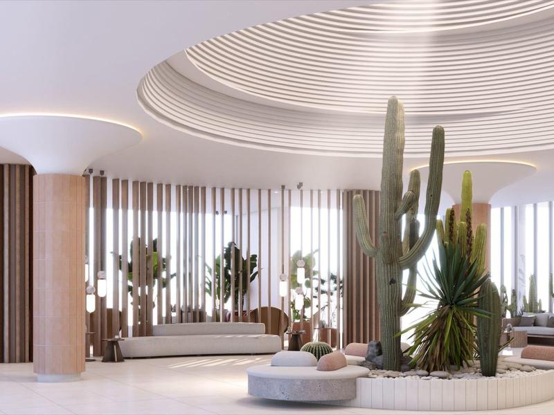 Modern hotel lobby with large cactus plants and white circular ceiling light.