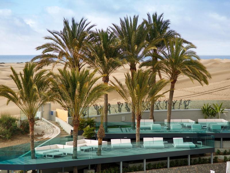 Palmiers avec piscine et sable désertique en arrière-plan sous un ciel bleu partiellement nuageux.