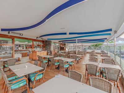 Helle Terrasse eines Restaurants mit geflochtenen Stühlen und farbigen Sitzkissen unter blauen Segeln.