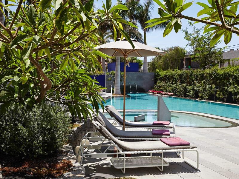 Piscina con lettini e ombrelloni circondata da palme e piante verdi.