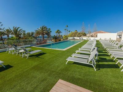 Outdoor-Poolbereich mit Liegestühlen auf grünem Rasen, Palmen und klarem blauem Himmel.