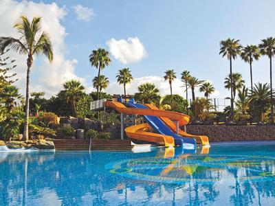 Large pool with colorful water slides and palm trees in the background under a blue sky.
