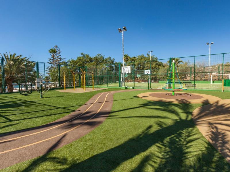 Zelené sportovní hřiště s basketbalovým košem a běžeckou dráhou pod modrou oblohou.