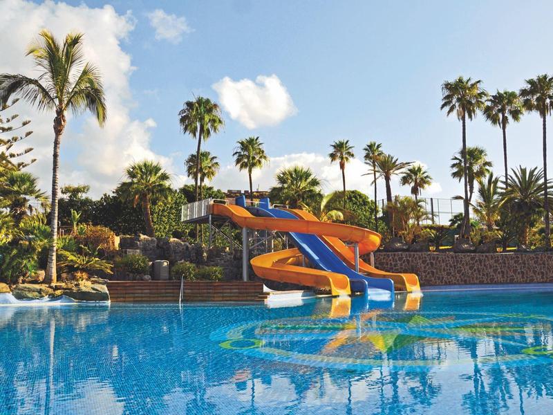Velký bazén s tobogány a palmami pod modrou oblohou.