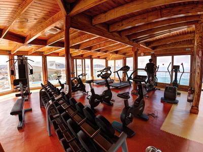 A gym with various workout equipment and panoramic windows overlooking the sea.