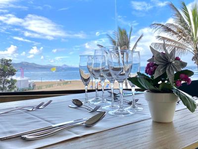 Mesa con vasos, cubiertos y planta en maceta con vistas a la playa y al mar.