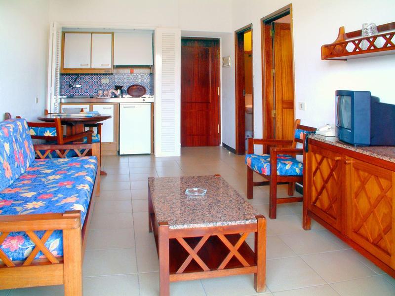 Jasny salon z niebieskimi wzorzystymi sofami, drewnianymi meblami i małą kuchnią.