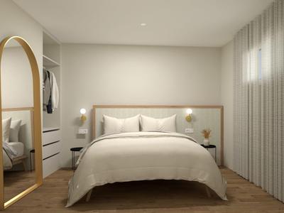 Schlafzimmer mit Doppelbett, beigem Bettzeug, großem Bogen-Spiegel, Vorhängen und Holzboden.