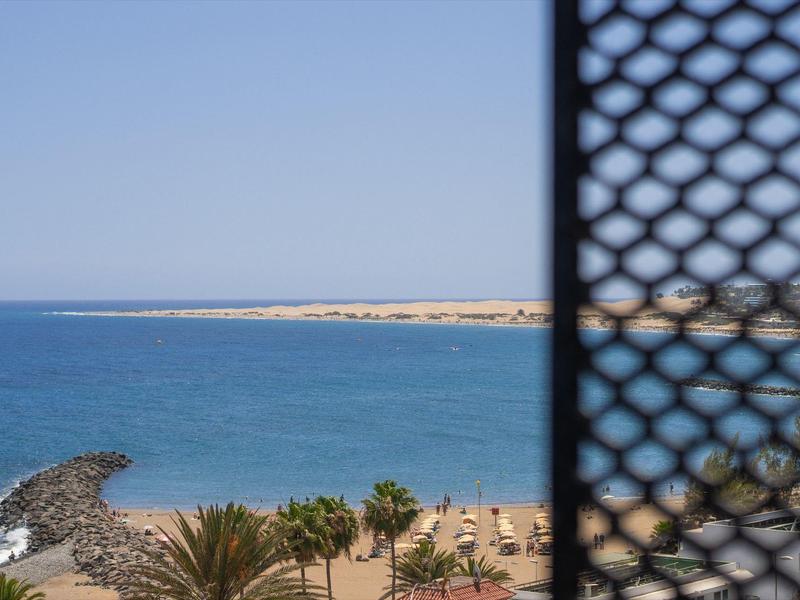 Vista al mar y la playa a través de una reja con cielo azul claro y palmeras.