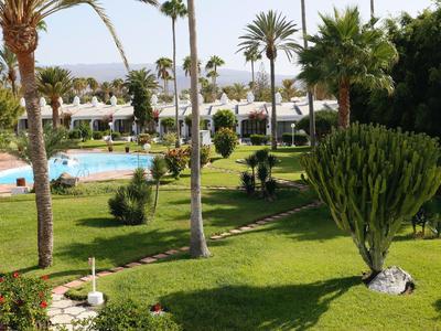 Groene tuin met palmbomen, zwembad en ligstoelen bij een hotelresort in zonnig weer.