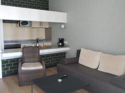 Gezellige woonkamer met bank, fauteuil, tafel en kitchenette met groene tegels.