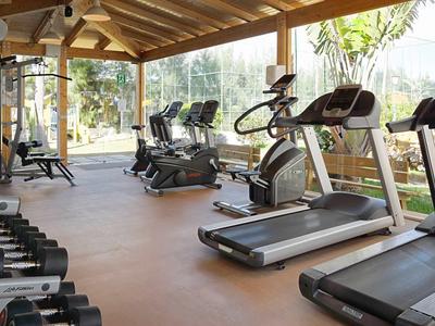 Bright gym with fitness equipment and view of tropical outdoor scenery