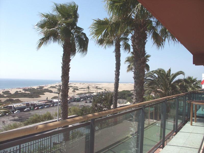 Balkon mit Glasgeländer, drei Palmen und Blick auf Sandstrand und Meer bei klarem Himmel.