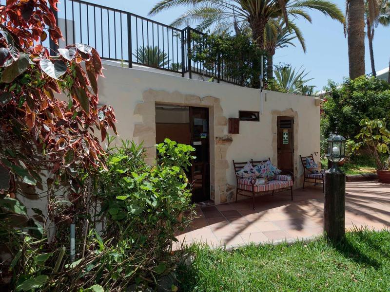 Petite maison avec terrasse, plantes et banc confortable dans un jardin ensoleillé.