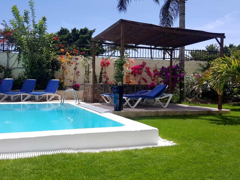 Piscine avec chaises longues et espace couvert dans un jardin bien entretenu sous le soleil.