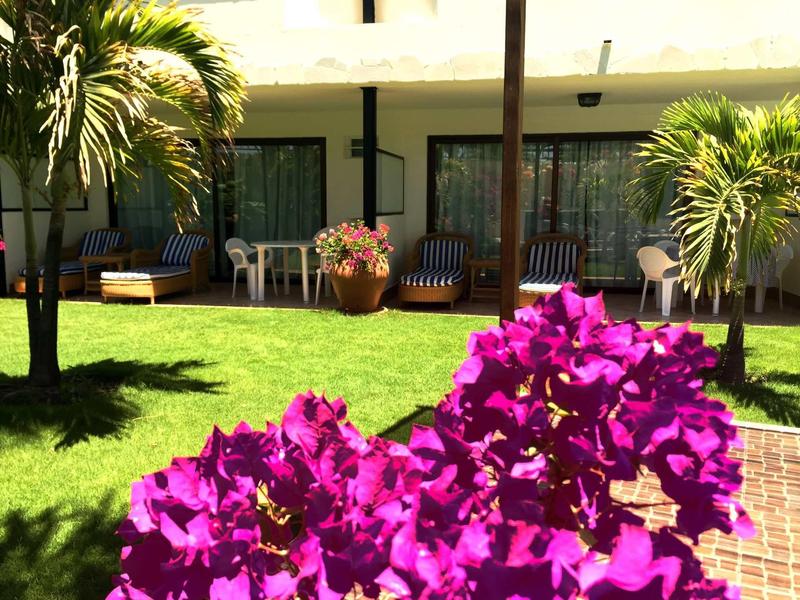 Fleurs colorées devant une terrasse avec des sièges et des palmiers dans un jardin d'hôtel.