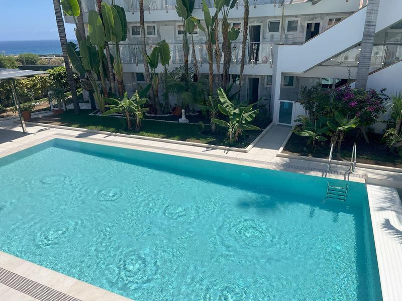 Klares blauer Pool neben einem Hotelgebäude mit Palmen und Sitzgelegenheiten.