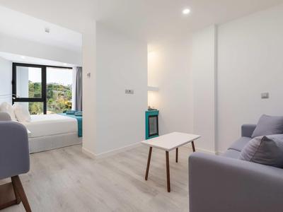 Salon moderne et chambre avec vue sur la nature, ambiance lumineuse et épurée.